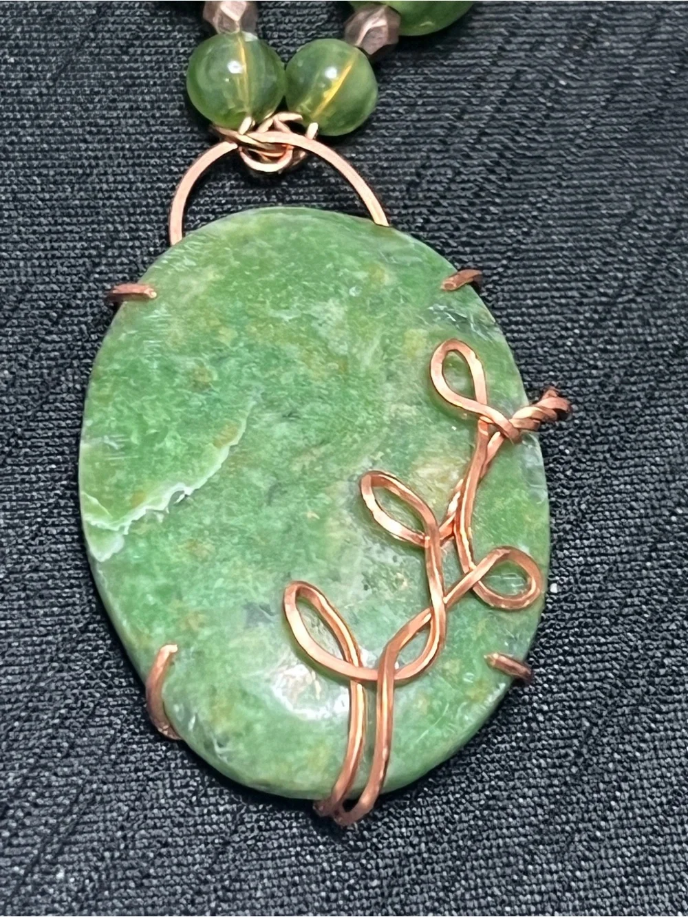 Copper wire wrapped Moss Agate Cabochon & Beads Necklace Earrings 18”